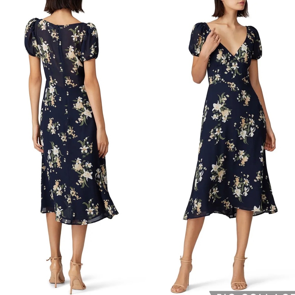 Reformation 4 Kacey Midi Dress Floral Short Puff Sleeve V Neck